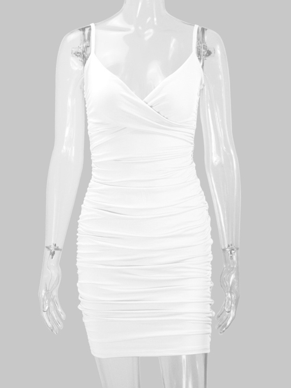 White Ruched V-Neck Maxi Dress with Slim Fit